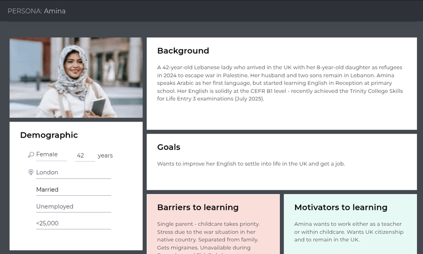 Example learner persona created during LX design, showing Amina’s language level, goals, and learning challenges
