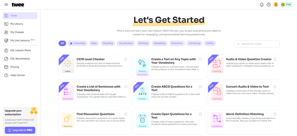 Screenshot of the Twee interface showing AI tools in language teaching for ESOL lessons.